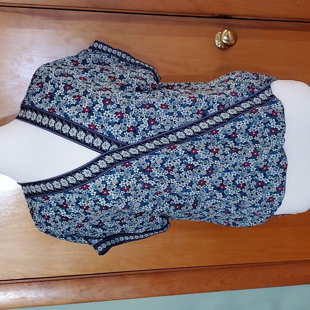Max Studio Short Sleeve Faux Wrap Blouse - Navy Floral - Size M